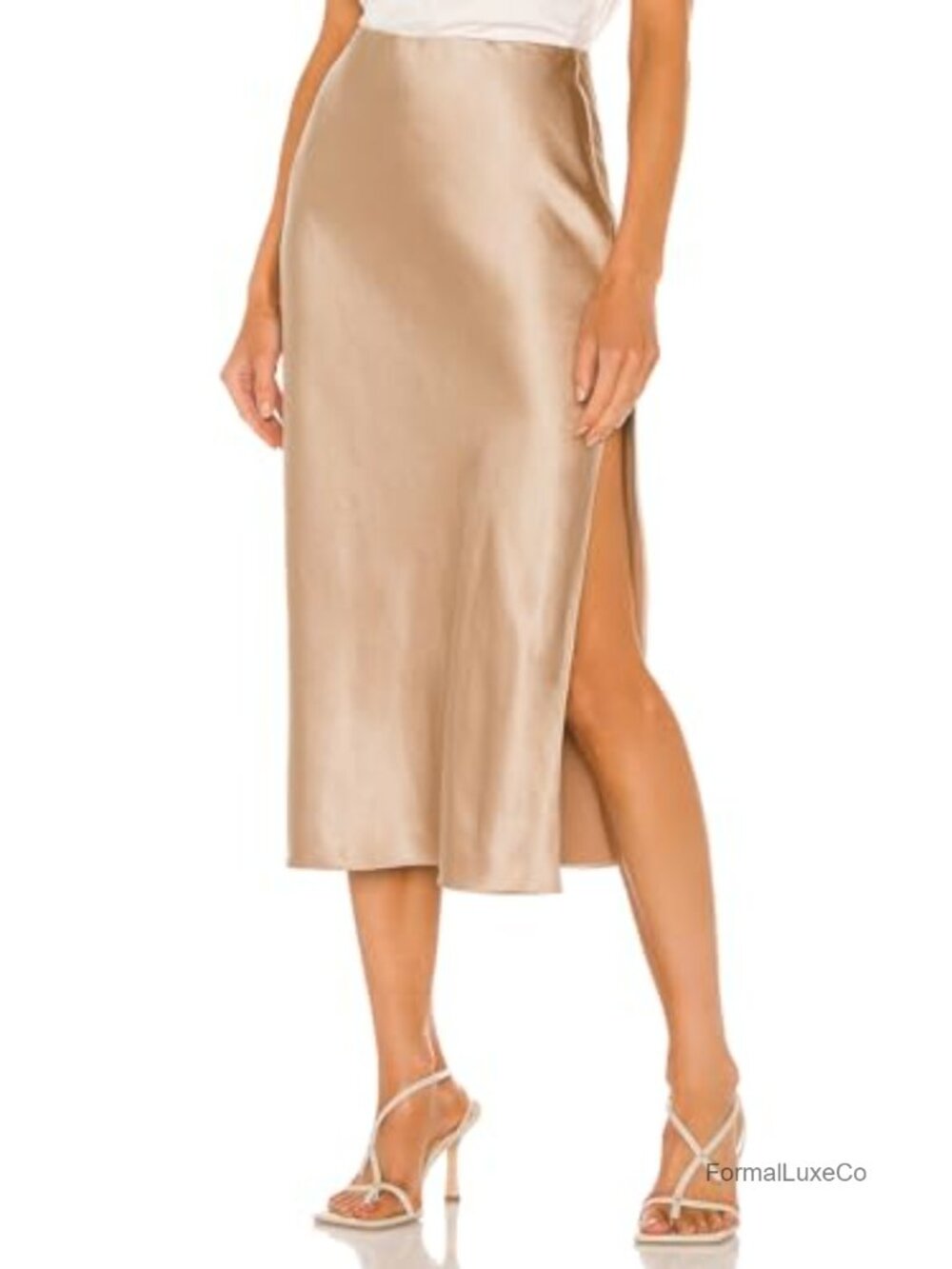 High Waisted Satin Midi Skirt A-Line Flared Side Slit Silk Women's Elegant